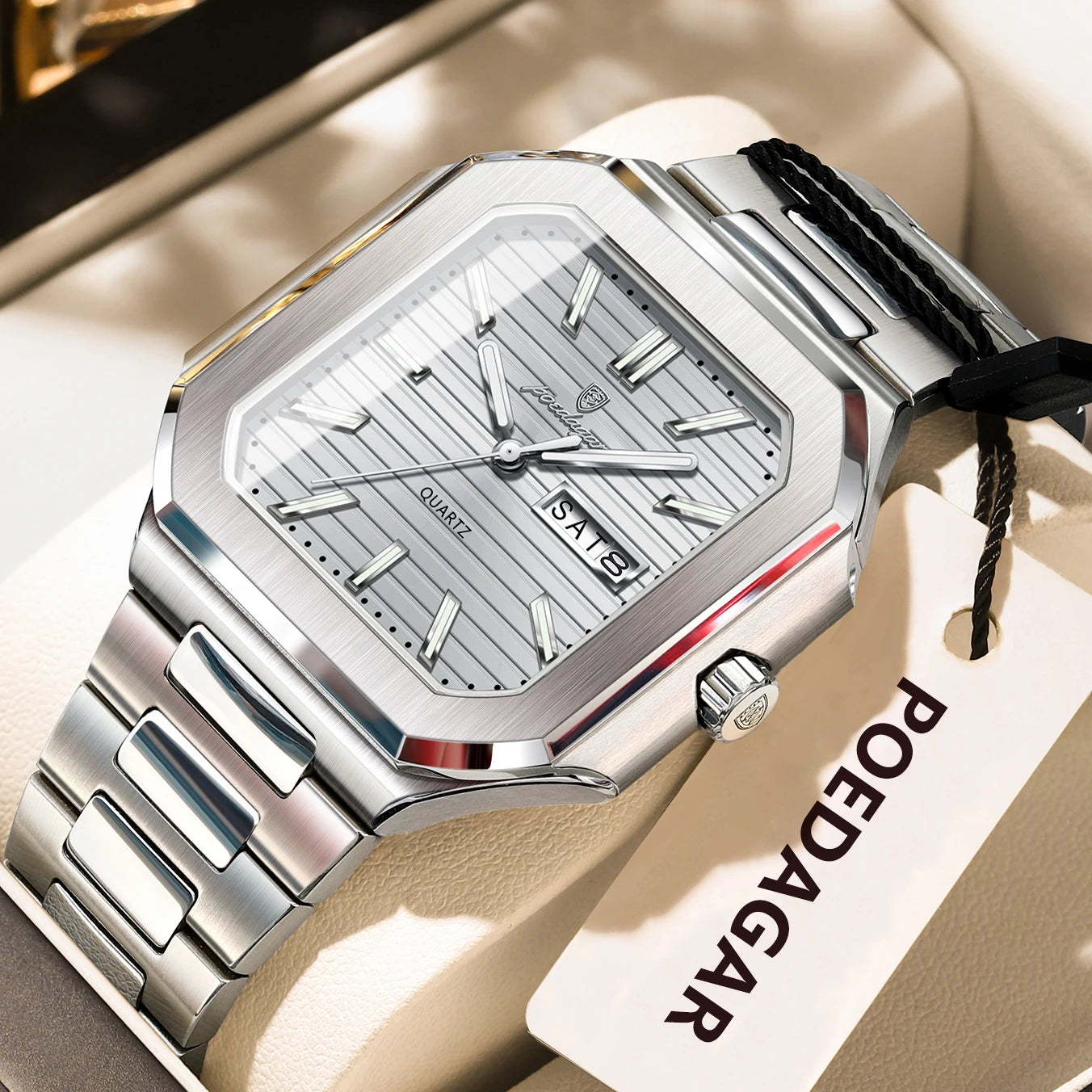 POEDAGAR Luxury Square Male Watch Waterproof Luminous Date Week Quartz Watches For Men Stainless Steel Fashion Men's Clock Reloj