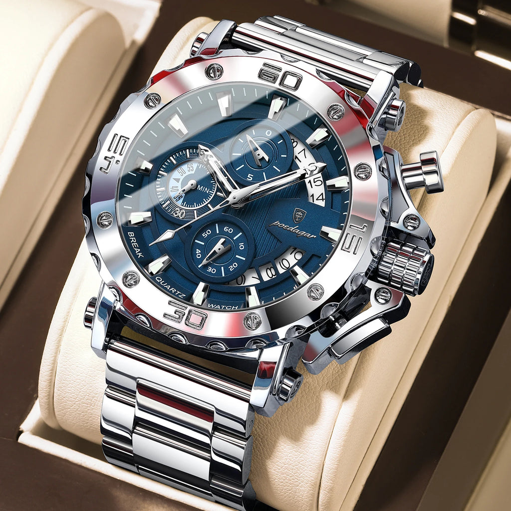POEDAGAR Luxury Watch For Men Calendar Luminous Waterproof Man Clock Male Chronograph Stainless Steel Men's Quartz Watches Reloj