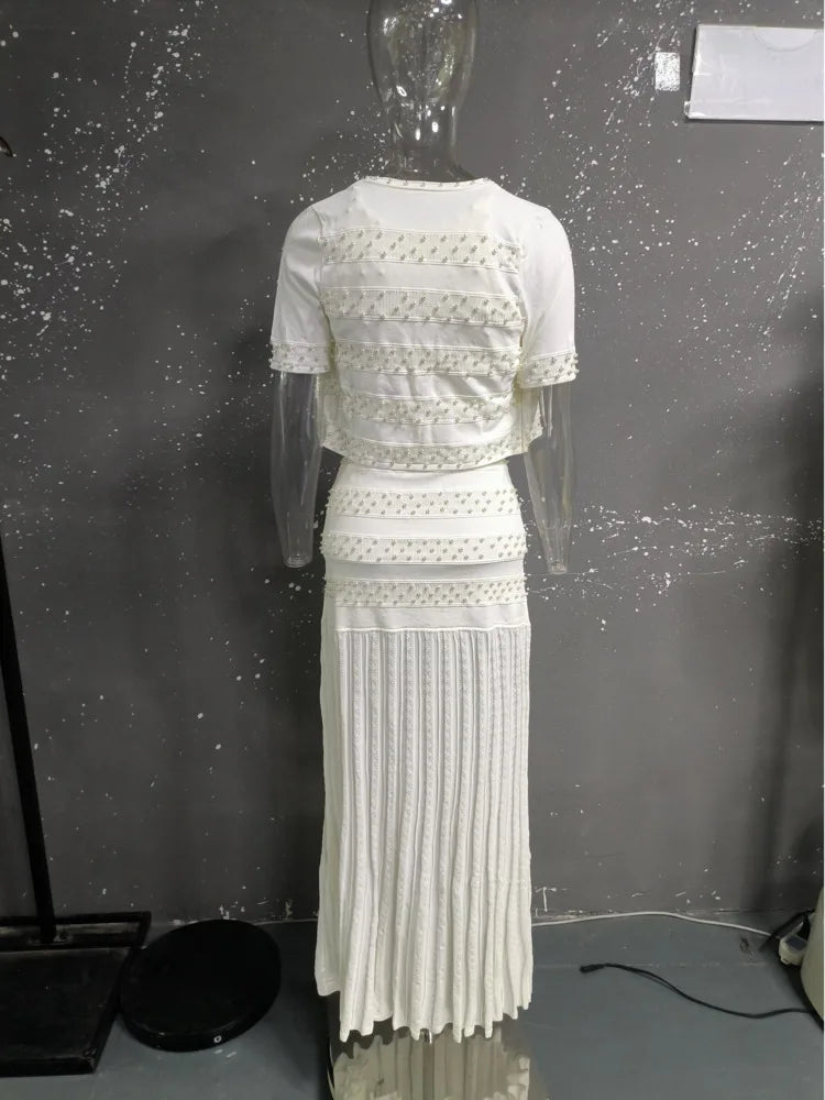 DEAT Single-Button Beaded Round-Neck Short-Sleeved Cardigan Fitted And Slimming Tank Top Dress Set 2026 Spring Women's New