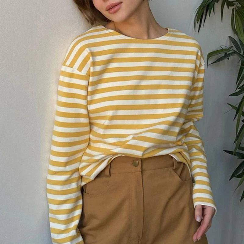 Hirsionsan 2023 Basic Thick Stripes T Shirts Women Autumn Long Sleeves Loose Bottom Ladies Casual Knitted Cotton Woman Clothing