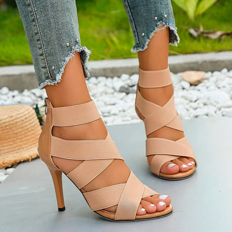 Super High Heel Sandals for Women Sexy Open Toes Elastic Broadband Crossover Zipper Gladiator Shoes Party Wedding Pumps