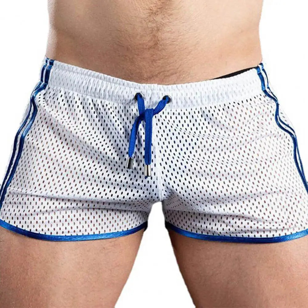 Summer Men Sport Shorts Color Matching Hollow Mesh Loose Drawstring Elastic Waist Quick Dry Jogging Gym Vacation Beach Shorts