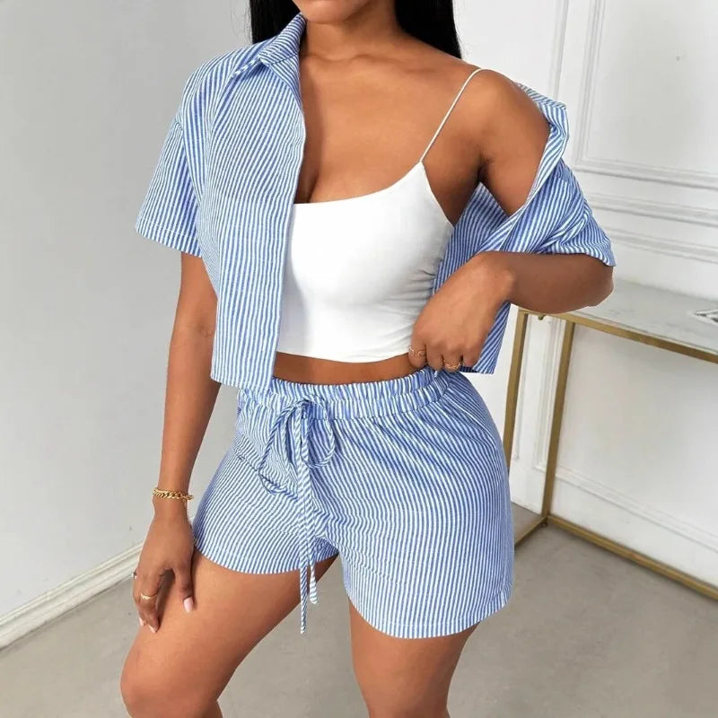 New Fashion Women's Clothing Trend Lapel Casual Striped Shirt Short Sleeve Shorts Two-piece Set Two Piece Sets Womens Outifits