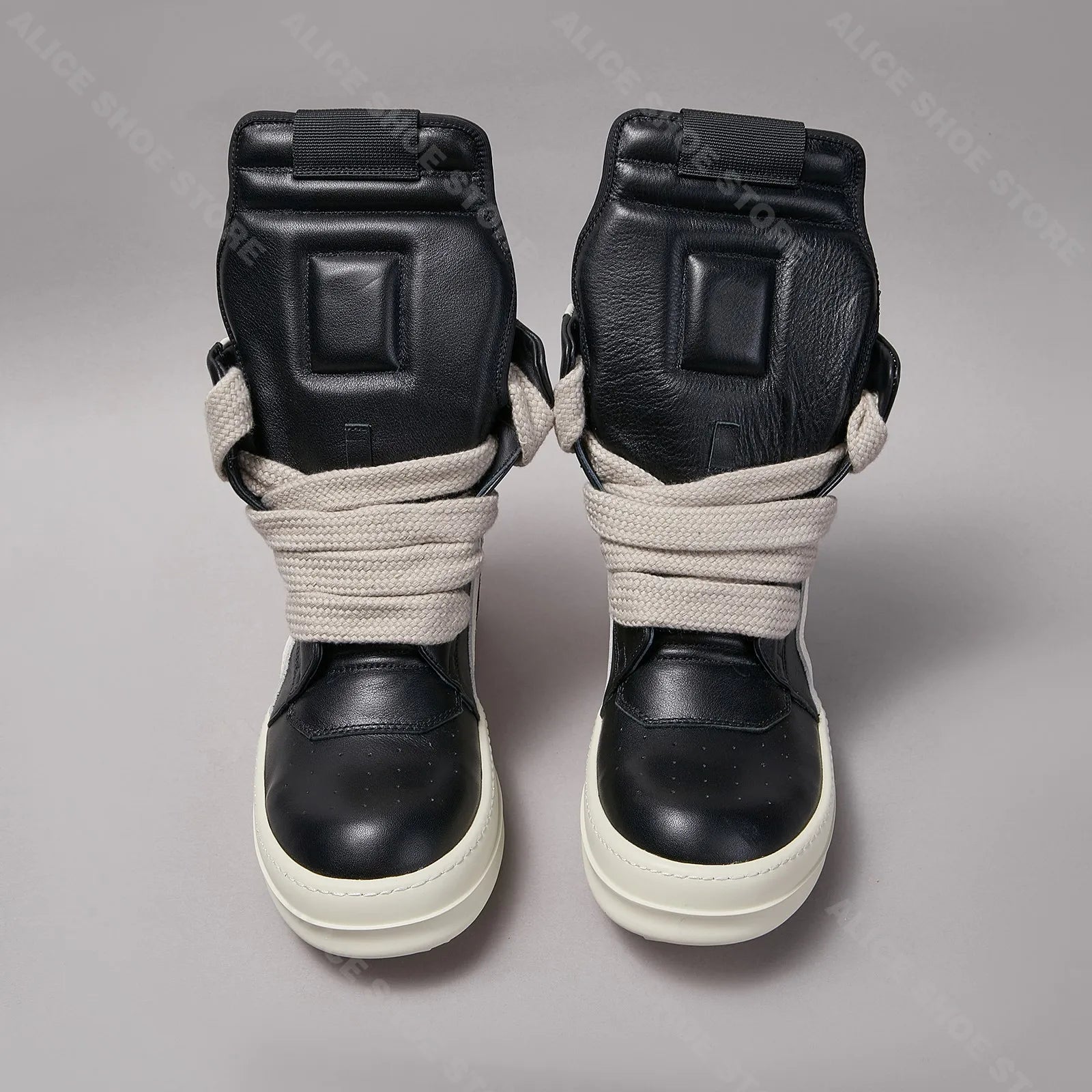 Brand Classic Casual Men Shoe High Top Women Sneaker Jumbo Laces Ankle Boot Geobasket Punk Black Leather Zip Flat Luxury Shoe