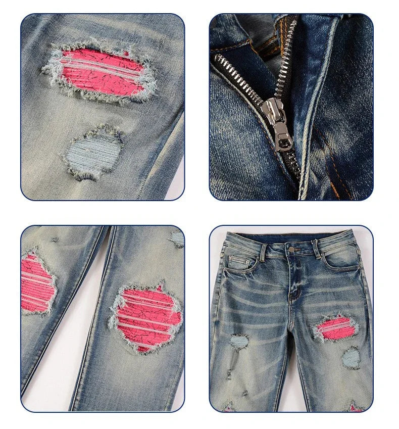 Hole Jeans Men Patchwork Ankle Length Trousers Washed Denim Pencil Pants Mid Waist Vintage Distressed Autumn Street Denims