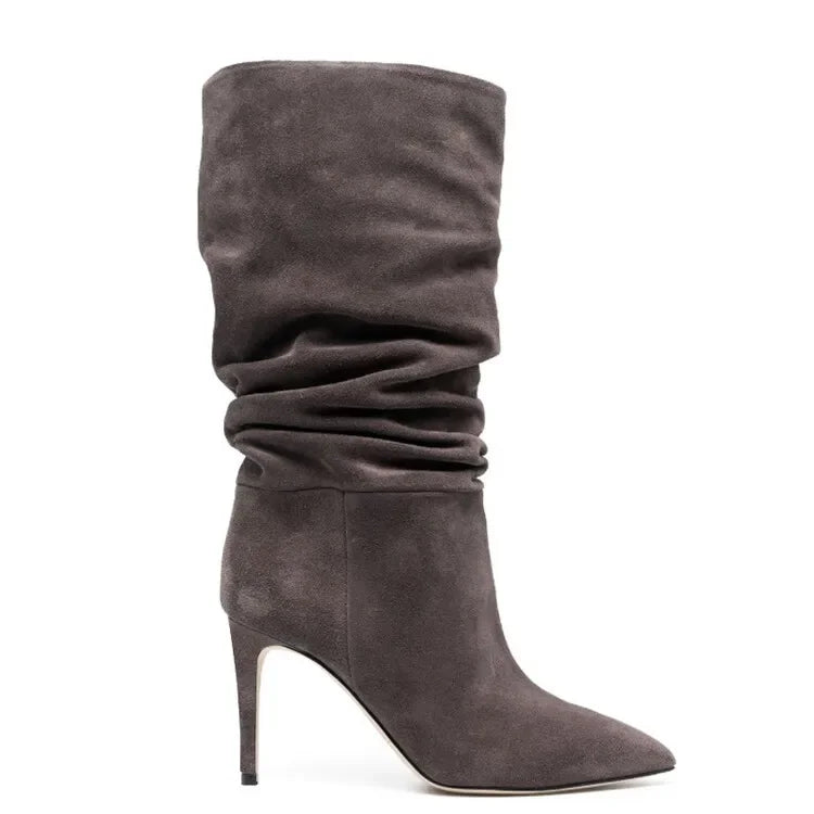 2023 Denim Blue 10cm Slim Heel Pleated Boots 35-43 Fashion Imitation Suede Women's Boot Internet Celebrity Pointed Show Boots