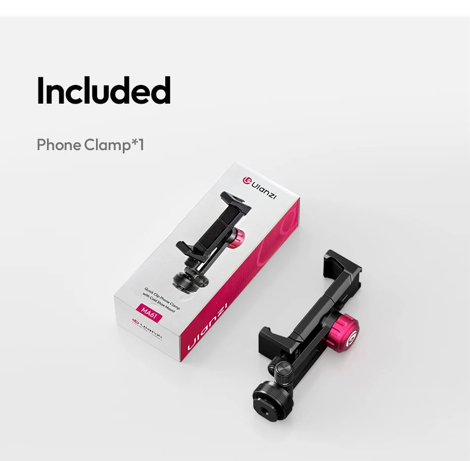 Ulanzi MA61 QuickClip Phone Clamp with Cold Shoe Mount with 360° Rotation 1/4" Screw 65-90mm Width for Tripod Video Light Mount