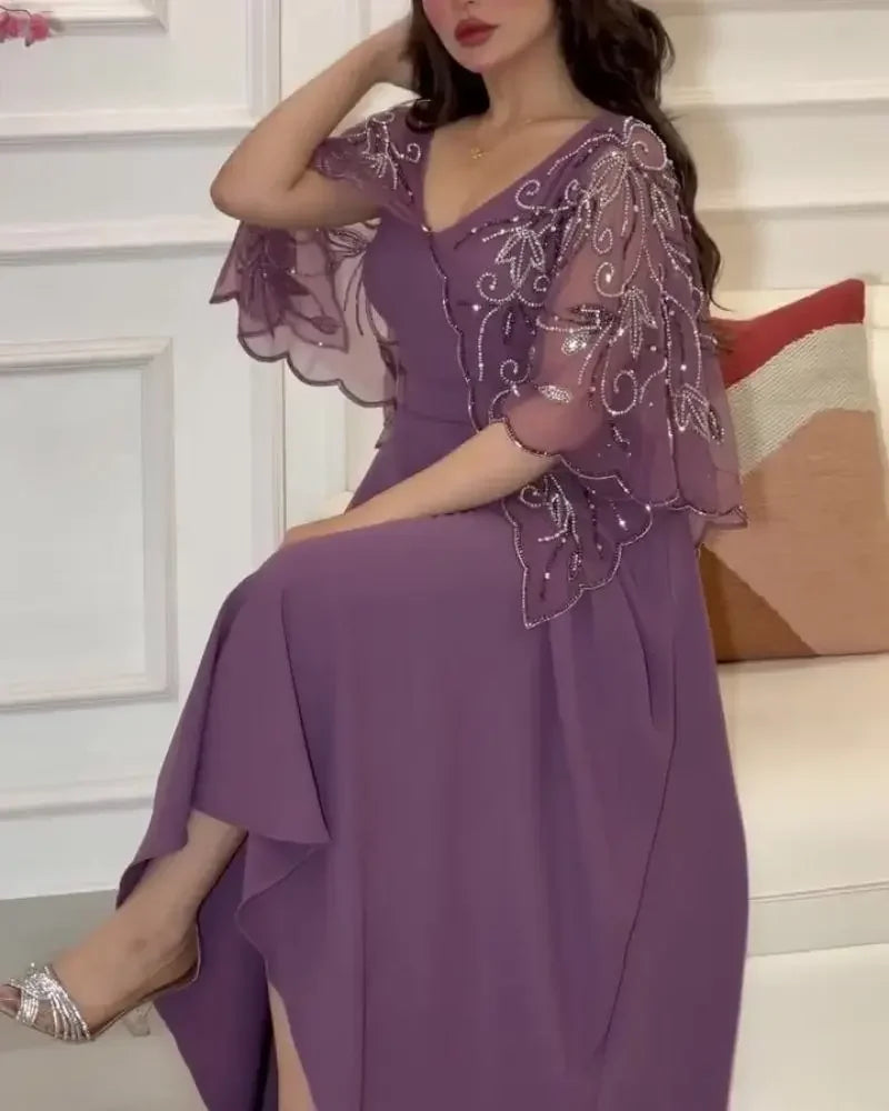 Spring Summer New Women's Middle East Embroidered Shawl Swing V-neck Evening Dress Long Maxi Loose Abaya