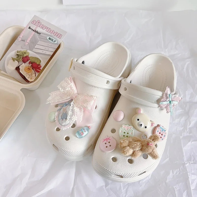 New Cute Pink Bowknot Pink Bear Shoe Charms Removable Accessories Suitable for Sandals Garden Shoes Xmas Gifts