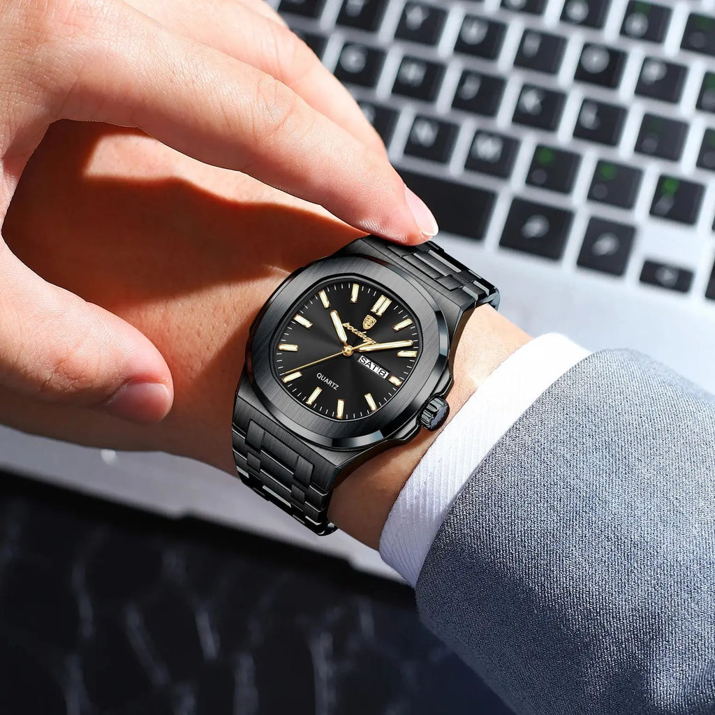 POEDAGAR Square Luxury Men's Wristwatch Luminous Waterproof Stainless Steel Male Clock Week Date Original Quartz Watches For Men