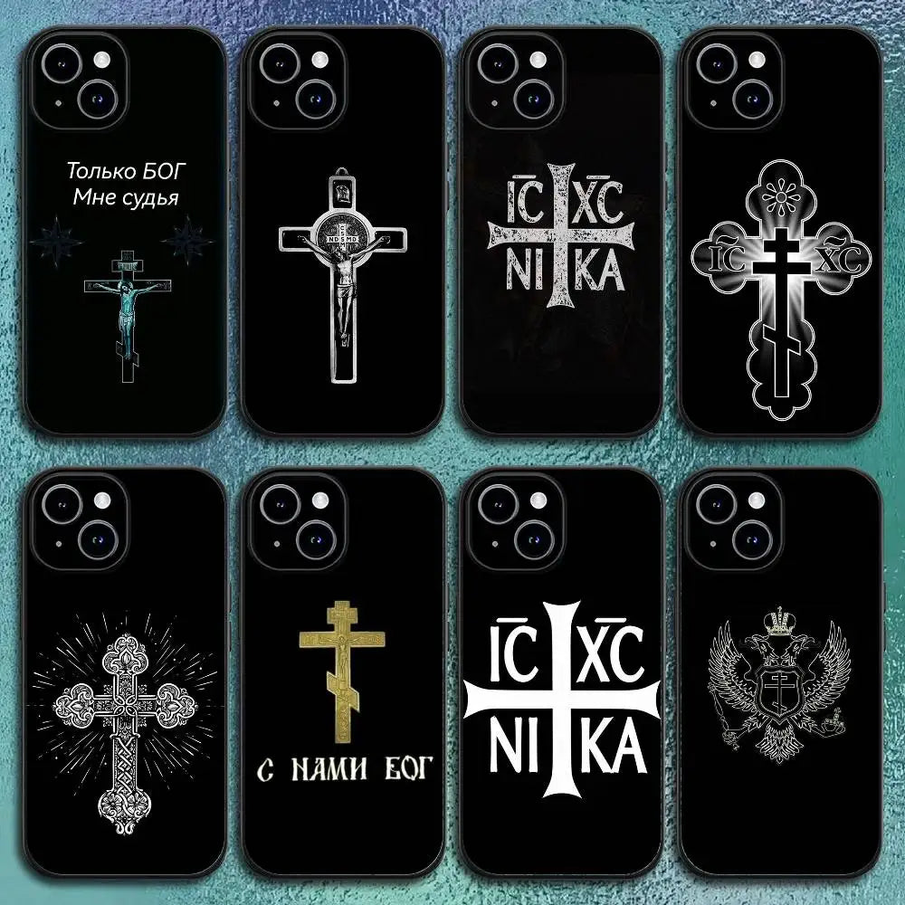 Orthdox Cross Icon Phone Case For IPhone 11 12 13 14 15 16Pro Max Plus Classic Black Soft Shell