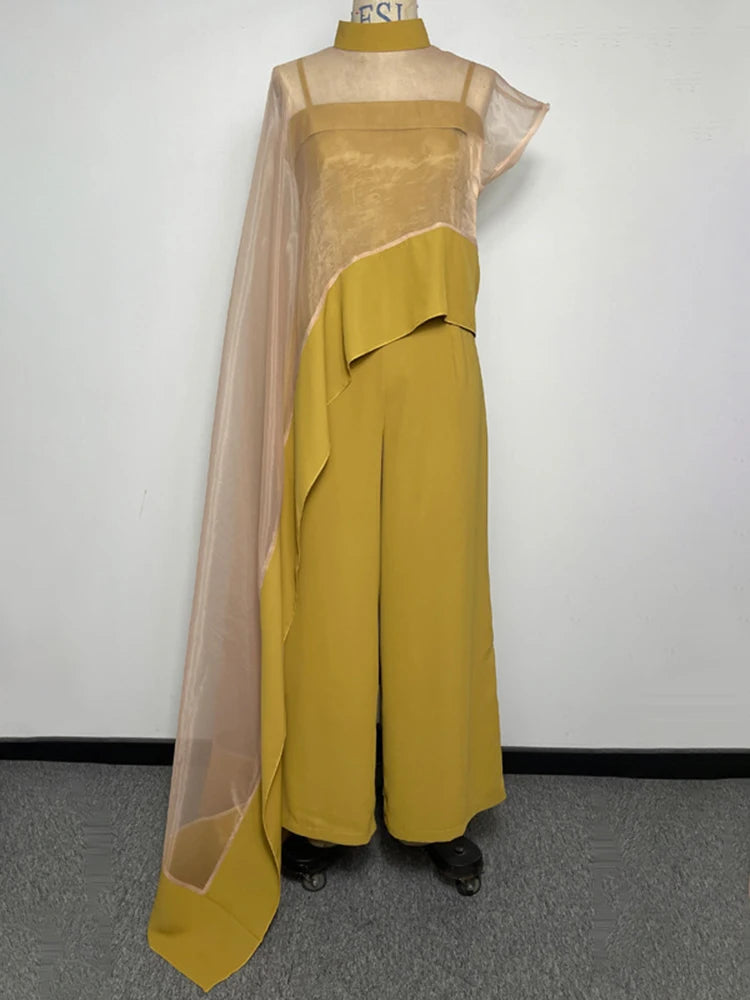 DEAT Elegant 2 Pcs Set Gauze Asymmetric Shawl Slip Wide Leg Playsuits Women's Evening Party Suit 2026 Spring New Fashion 35Z3666