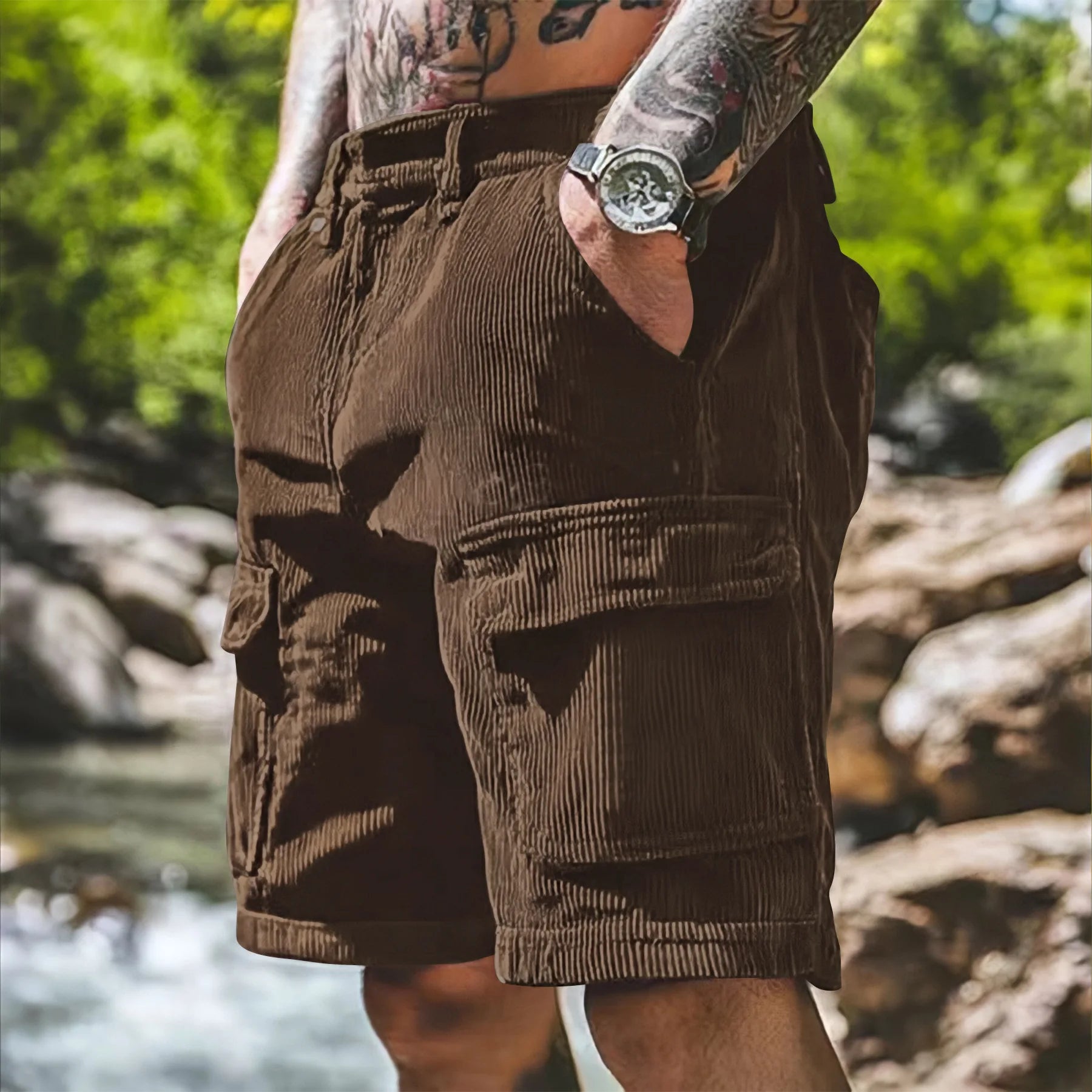 Summer Men's Corduroy Casual Shorts Solid Color Multi Pocket Safari Style Loose Shorts Men Fashion Straight Sports Knee Length