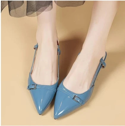 2024 New Summer French Wine Red Pointed Patent Leather Mid-heel Overhead Sandals for Women Retro Skinny Heel Back Empty Shoes