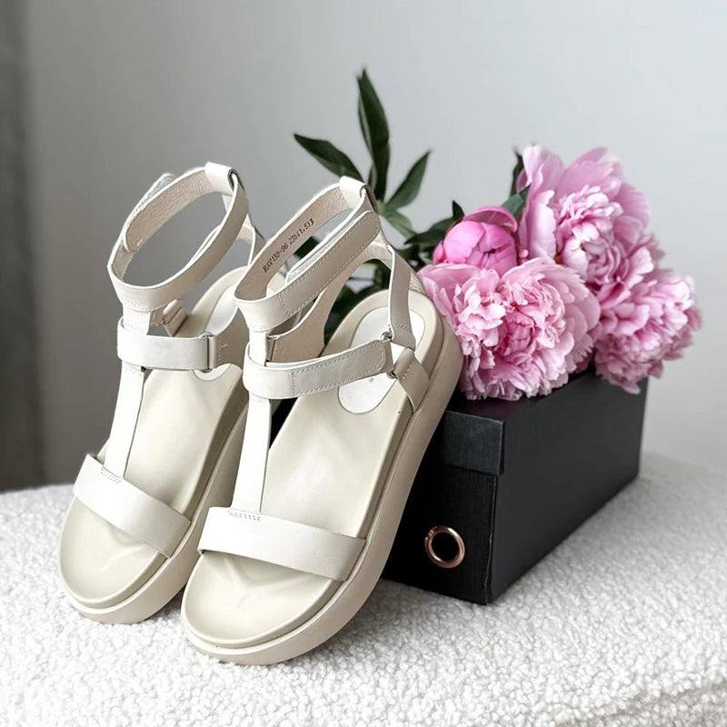 BeauToday Gladiator Sandals Women Genuine Calfskin Leather Open Toe T-Strap Thick Sole Summer Ladies Shoes Handmade 07130S