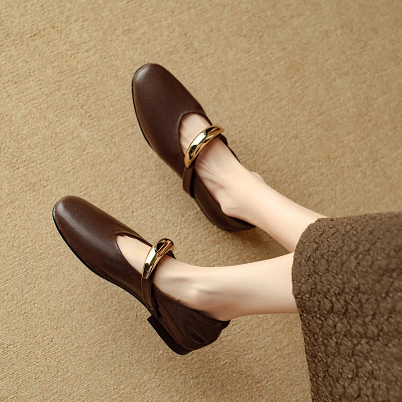 NEW Autumn/Spring Women Pumps Round Toe Low Heel Shoes Split Leather Shoes for Women Concise Metal Decoration Handmade Shoes