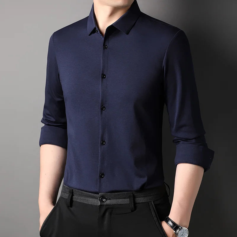 Top Grade Mulberry Silk 5.2% New Slim Fit Fashion Designer Brand Luxury Men Shirts 2025 Long Sleeve Plain Casual  Mens Clothes