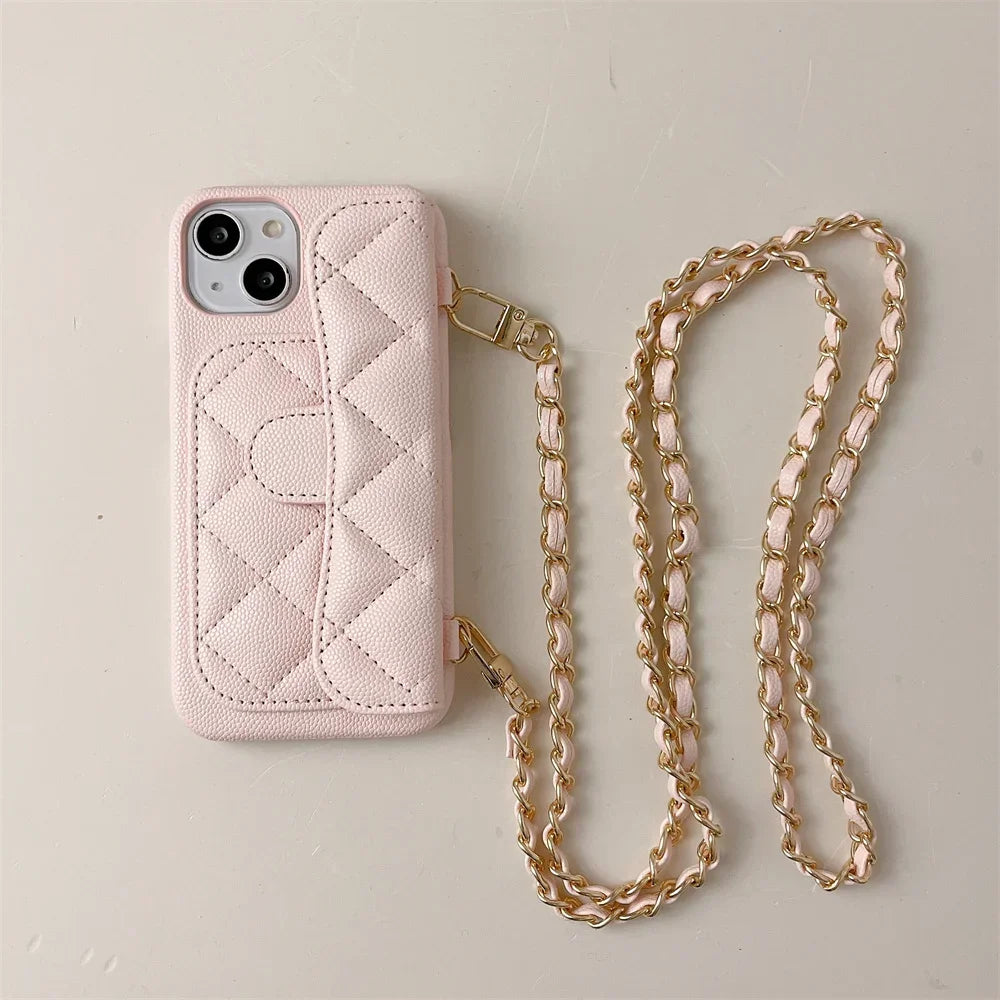 Crossbody Lanyard Wallet Phone Case For iPhone 15 14 13 16 Pro Max Card Holder Necklace Chain Luxury  Leather ( NO LOGO)