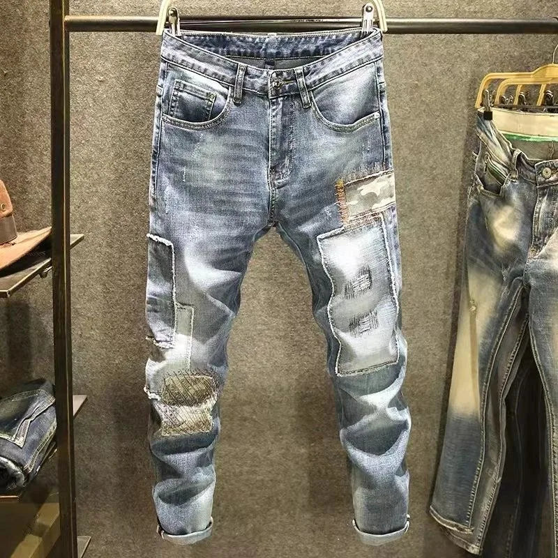 Spring and Autumn New Fashion Trend Print Retro Straight Leg Sports Denim Pants Men's Casual Slim Breathable High-Quality Jeans
