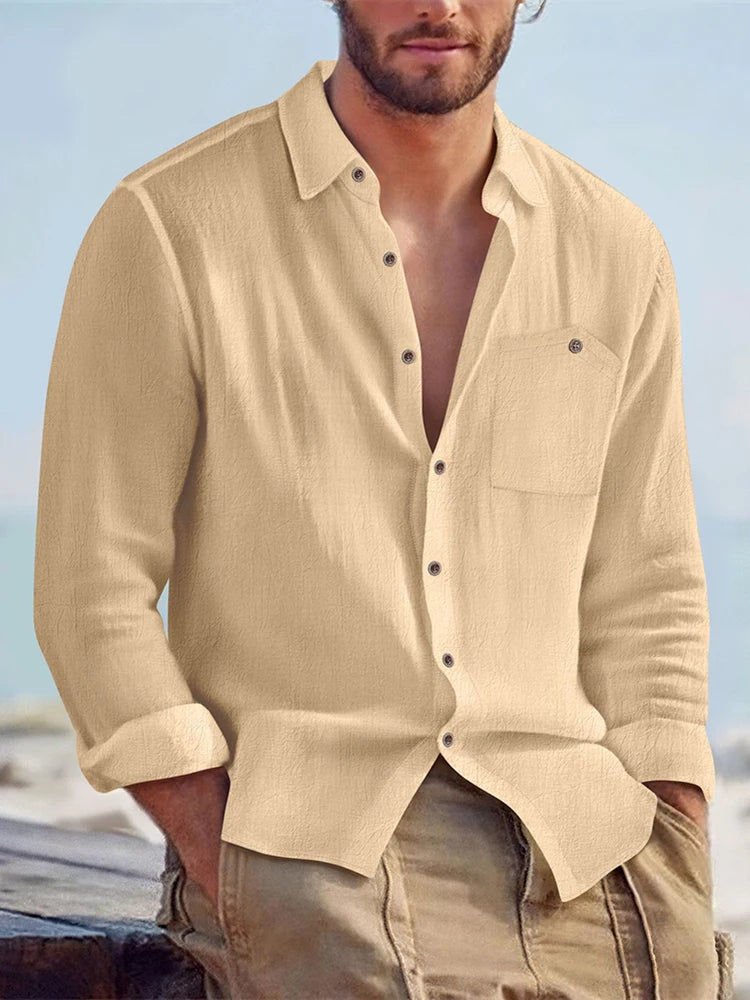 Beach Vacation Casual Mens Shirts Long Sleeve Solid Color Loose Breathable Linen Shirt For Men Spring Autumn Fashion Cardigans