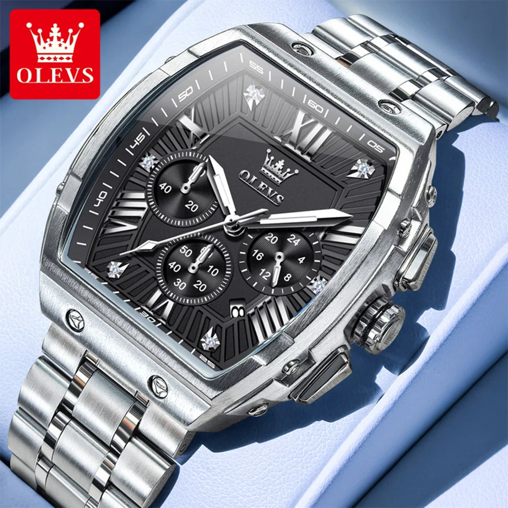 OLEVS 5639 Mens Watch Original Business Tonneau Quartz Watch Stainless Steel Waterproof Luminous Sports Date Watches New