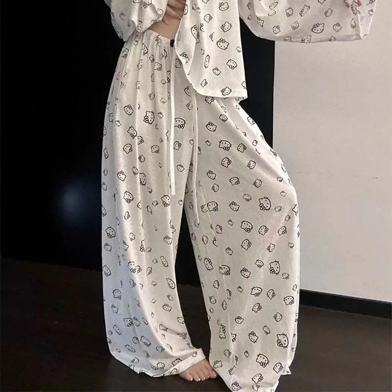 Korean Hello Kittys Printed Pajamas for Women Spring and Autumn Off-Shoulder Long Sleeves+ Trousers 2Pcs Girl Loose Home Clothes