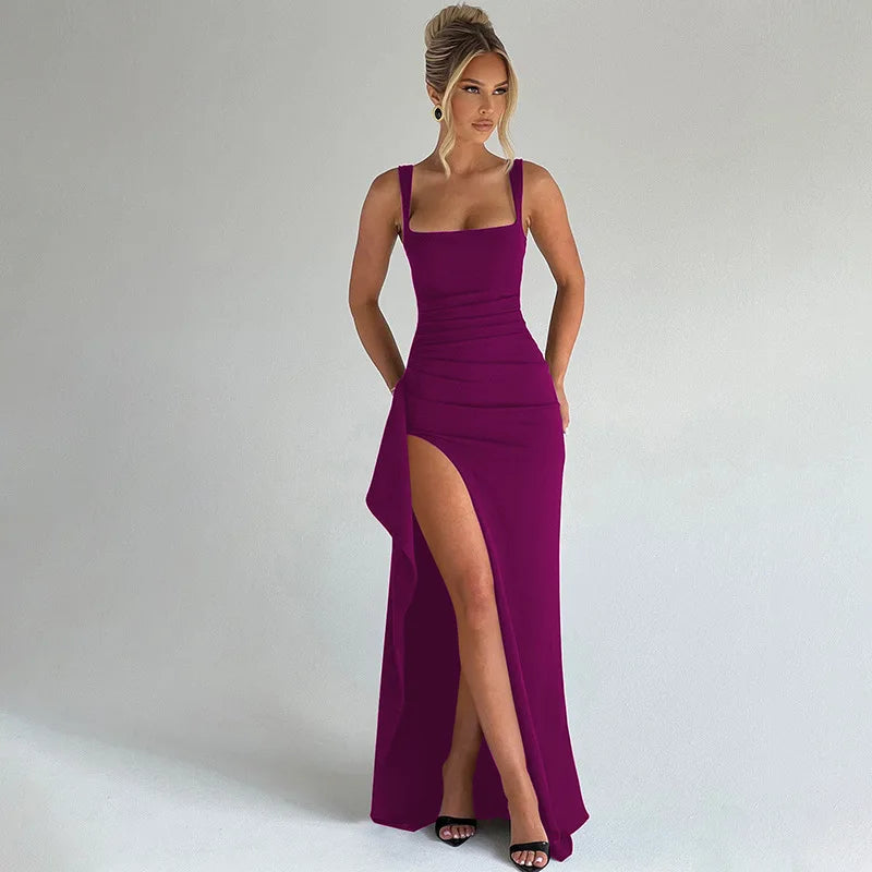 Women's Bodycon Evening Dress, Spaghetti Strap Square Neck Slit Midi Dress Sexy Formal Prom Night Gown Party Dresses