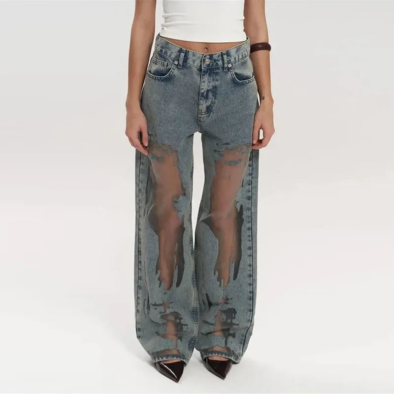 American Retro Straight Jeans Women Hollowed Out Gradient Jeans, Loose Wide Leg Pants, Ins