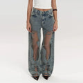 American Retro Straight Jeans Women Hollowed Out Gradient Jeans, Loose Wide Leg Pants, Ins