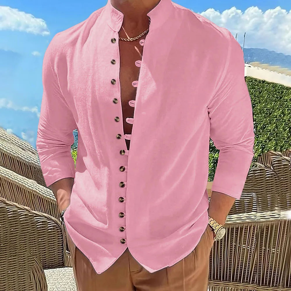 Spring/Summer New Model Men's High-Quality Casual Shirt Fashion Retro Cotton-Linen Multiple Button Standing Collar Long Sleeve