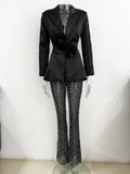 DEAT Elegant 2 Pcs Set Lapel 3D Flower Hollow Out Coat Mesh Pearl Sequin Splice Pant Women's Suit 2026 Spring New Tide 35Z1662