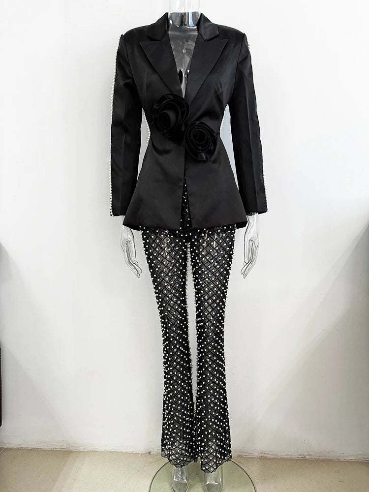 DEAT Elegant 2 Pcs Set Lapel 3D Flower Hollow Out Coat Mesh Pearl Sequin Splice Pant Women's Suit 2026 Spring New Tide 35Z1662