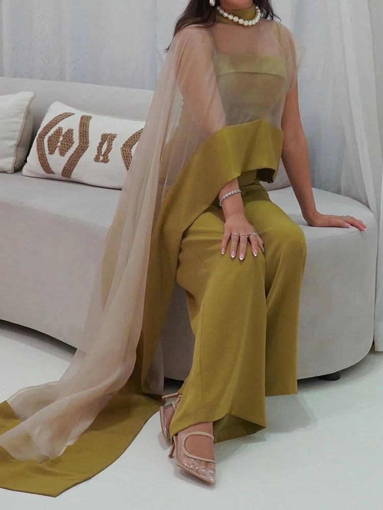DEAT Elegant 2 Pcs Set Gauze Asymmetric Shawl Slip Wide Leg Playsuits Women's Evening Party Suit 2026 Spring New Fashion 35Z3666