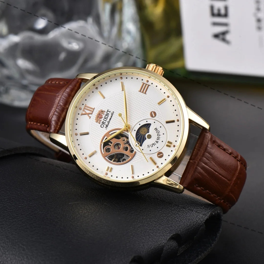 Orient Series Sport Skeleton Mechanical Men's Sun, Moon, and Stars Watch Ultra-Thin Full Functionality World Time