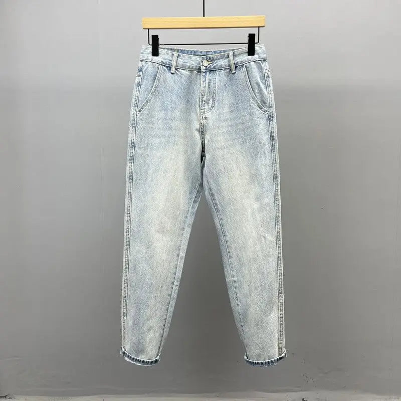 Slant Pocket Light Blue Slim-fitting Small-footed Jeans Men's Streetwear Simple Retro High Street Trousers Trendy Men's Pants