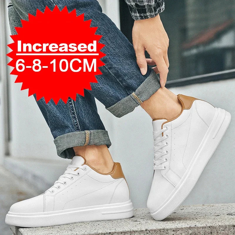 Men's Fashion Elevator Shoes premium Leather Invisible Height Increase 6/8/10CM White Sneakers Cortex Heightening Casual Shoes