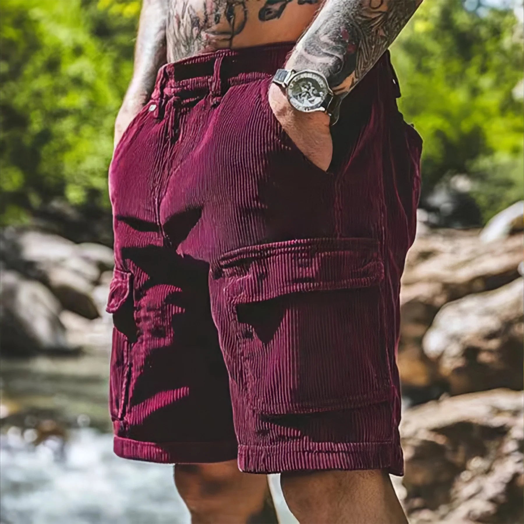Summer Men's Corduroy Casual Shorts Solid Color Multi Pocket Safari Style Loose Shorts Men Fashion Straight Sports Knee Length