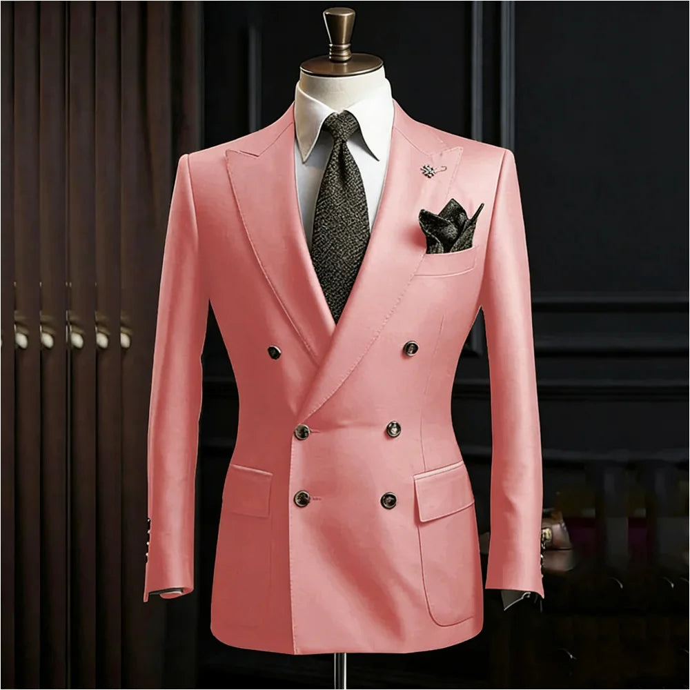 Formal Men's Suits Slim Fit Double Breasted Peaked Lapel Wedding Groom Prom Custom Male Clothing 2 Piece Jacket Pants Sets
