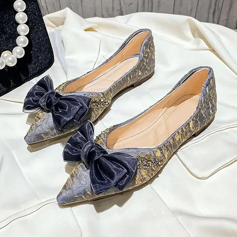 With Bow Pointed Toe Woman Flats Popular Cheap Liquidation Discount Vacation High Quality Fashion Slip on Black Shoes for Women