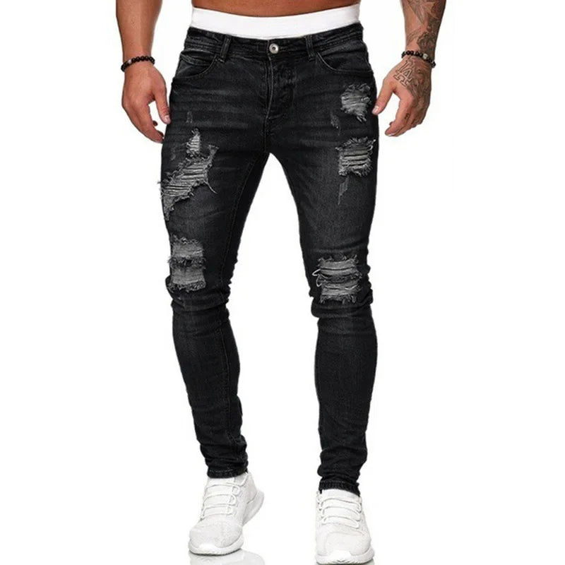 Men Fashion Street Style Ripped Skinny Jeans Men Vintage Wash Solid Denim Trouser Mens Casual Slim Fit Pencil Denim Pants 4XL
