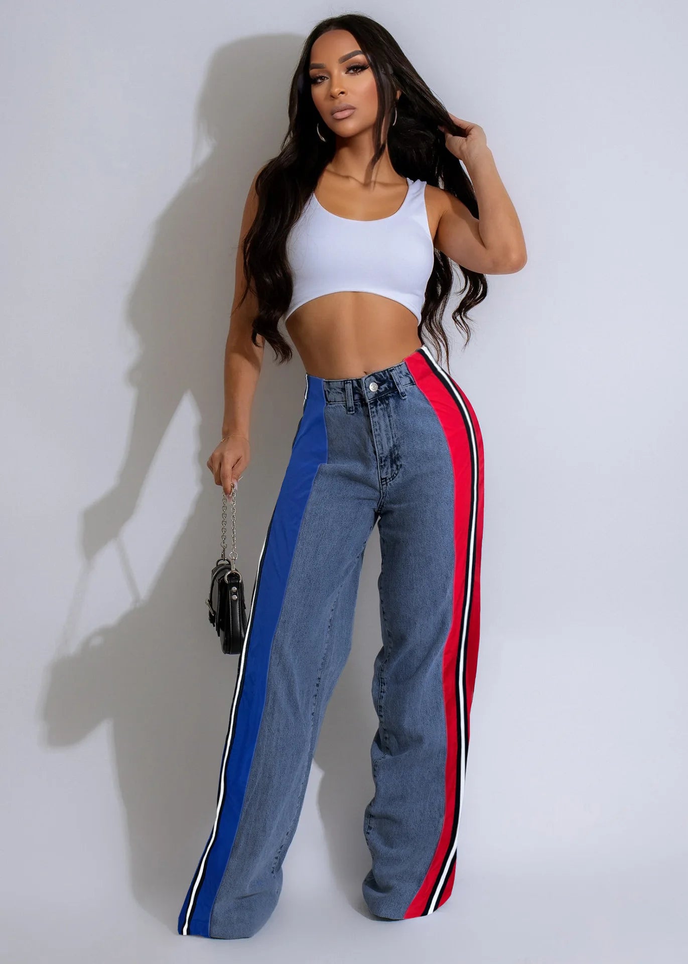 Denim Pants Women Patchwork Spliced Long Pant Mom Straight Button High Waist Casual Jeans Trousers Pocket Lady Y2k Autumn