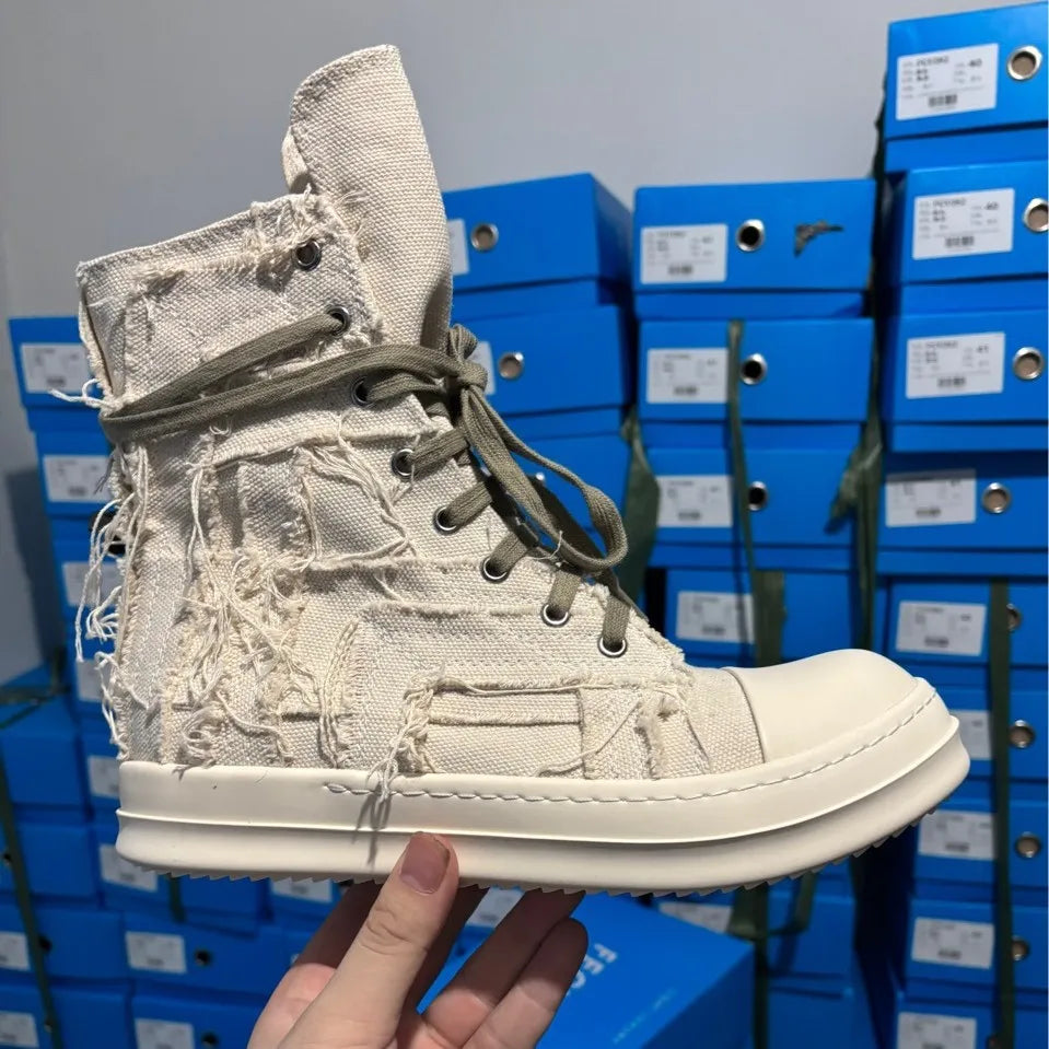 Brand Men Shoes Casual Canvas Distress Flats High to Ankle Boots Women Owens Vintage Original Luxury Designers Sneakers