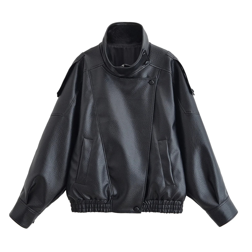 HH Women Autumn Fashion Jackets Asymmetric Button Pocket Long Sleeves Black Loose Zipper Jackets Female High Street Coats