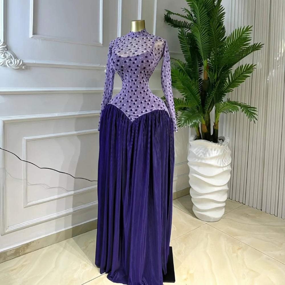 Two Color Patchwork Women Dress Fashion Sheer Mesh Top Long Sleeve Maxi Dress Parties Wear Elegant African Robe with Inner Dress