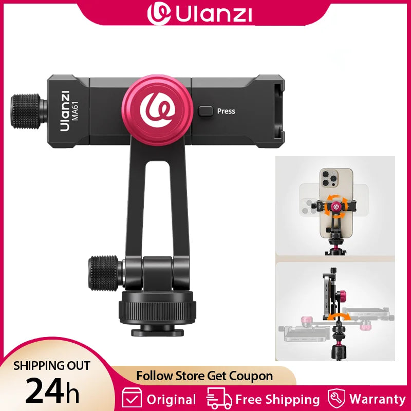 Ulanzi MA61 QuickClip Phone Clamp with Cold Shoe Mount with 360° Rotation 1/4" Screw 65-90mm Width for Tripod Video Light Mount