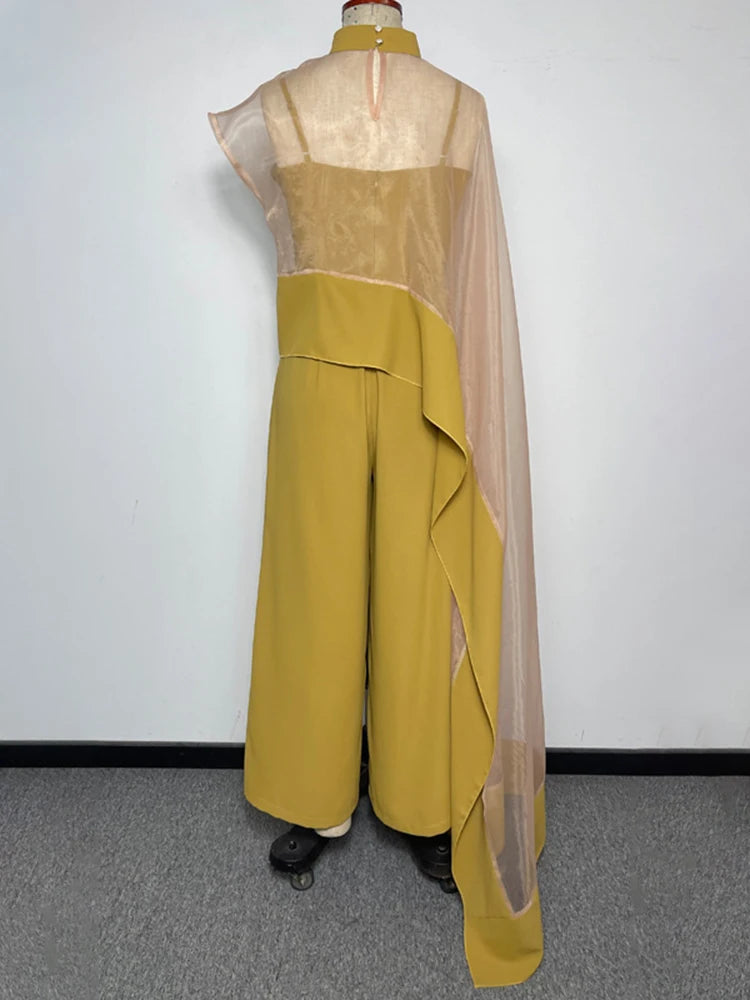 DEAT Elegant 2 Pcs Set Gauze Asymmetric Shawl Slip Wide Leg Playsuits Women's Evening Party Suit 2026 Spring New Fashion 35Z3666
