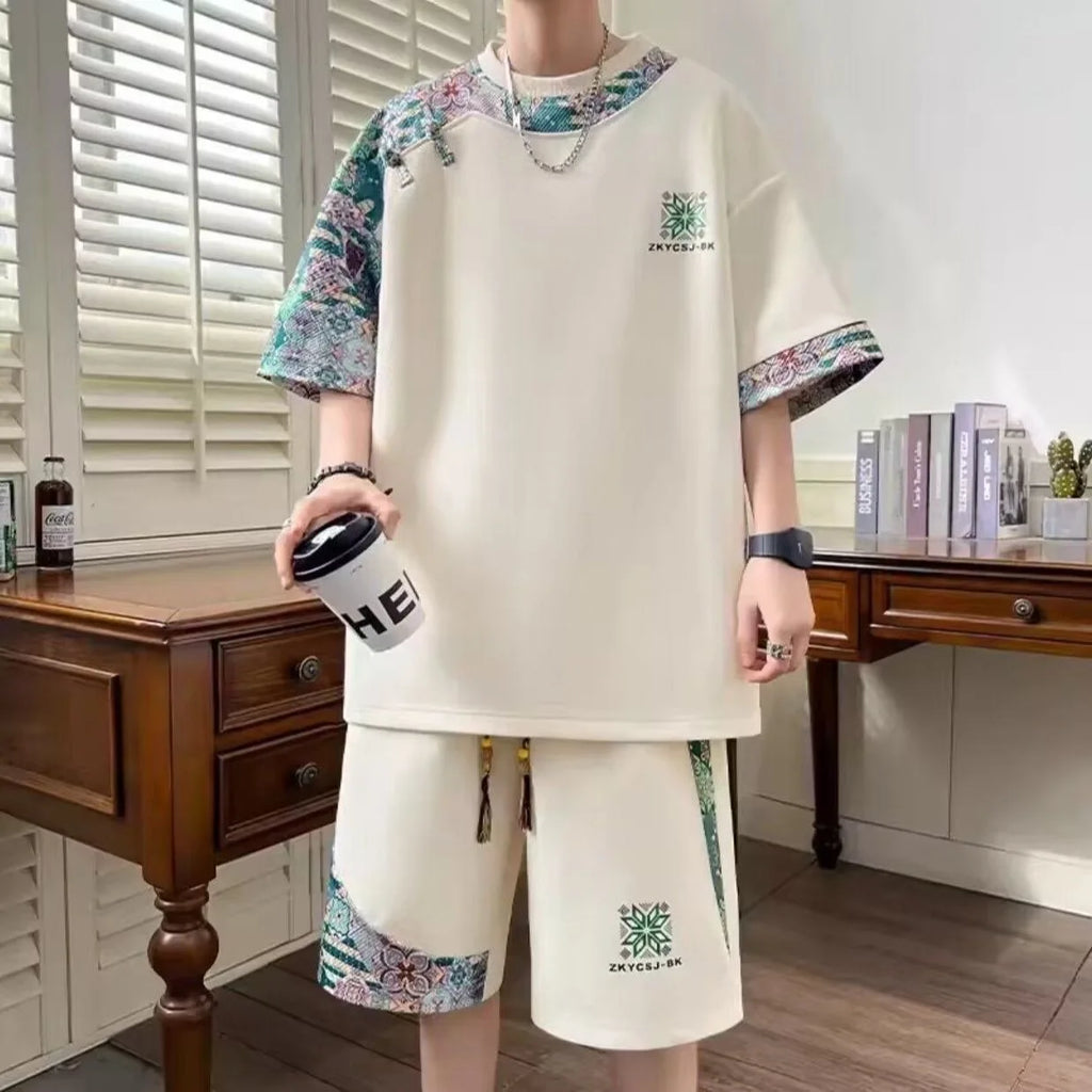 Summer New Fashion Trend Print Comfortable Breathable Short Sleeve Shorts Set Men's Casual Loose Sports Plus Size Two-Piece Set