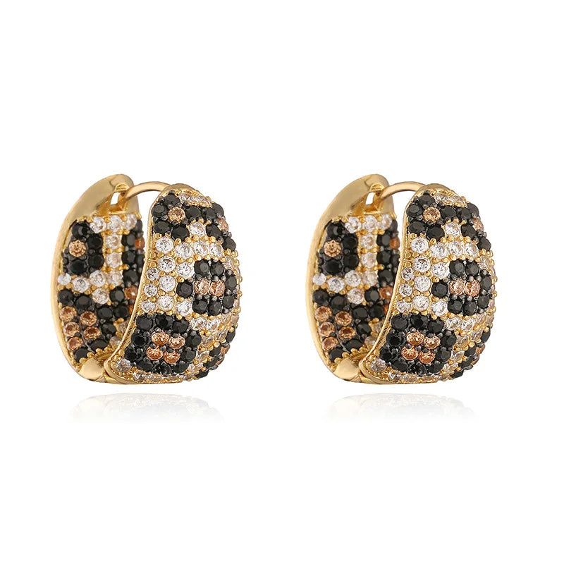 HECHENG,Small Leopard Print Earrings with CZ Stones Clash of Colours Design Niche Fashion Hip Hop Style Unisex Metal Jewellery