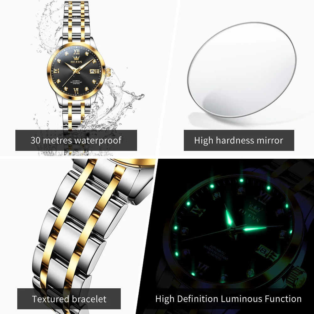 OLEVS 9946 Original Women's Watches Luminous Stainless Hardcore Machinery  Dual Calendar Automatic Mechanical Watch for Women