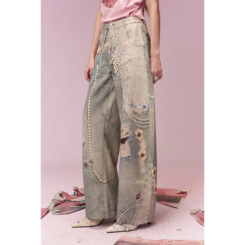 ELFSACK Sweet Cool Distressed Print Lace Insert Wide Leg Jeans For Women